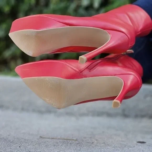 Red Pointy Toe Heel Boots for Women Side Zipper Pull On Style - Picture 6 of 6